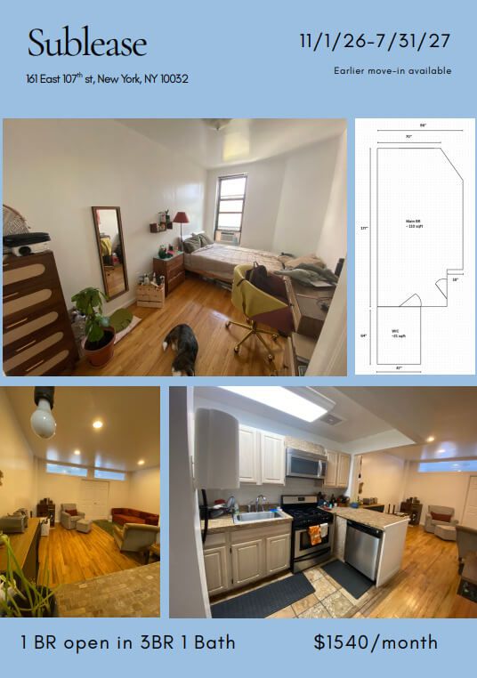 Large light filled room in East Harlem/UES