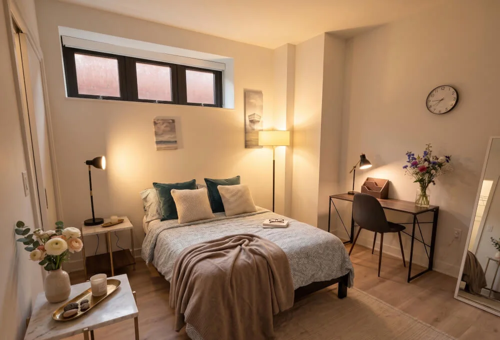 Cozy, Fully Furnished Room with Dedicated Workspace & Warm Ambient Lighting