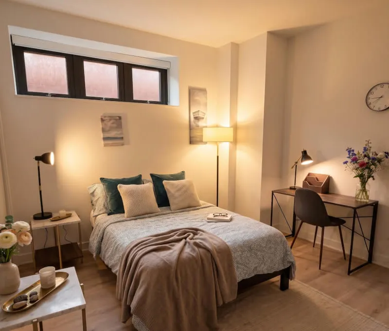 Cozy, Fully Furnished Room with Dedicated Workspace & Warm Ambient Lighting